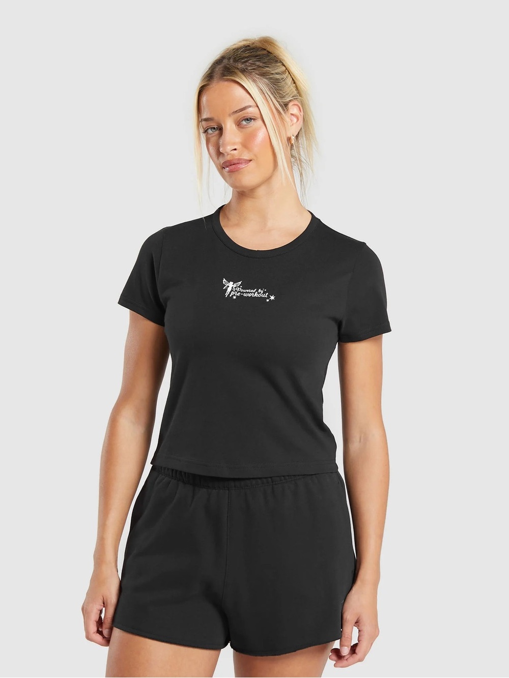 Gymshark Powered by Pre-Workout Black Baby Tee Crop Top Size Medium